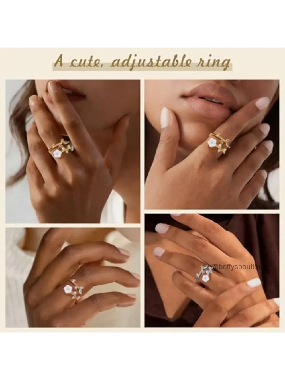 14K Gold Plated Brass Adjustable Flower Ring with Cubic Zirconia Birthstone